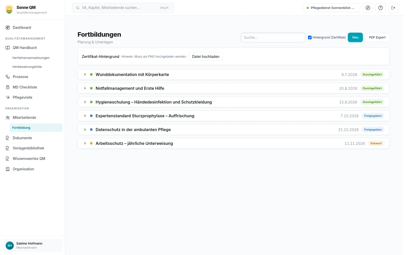 Fortbildungen in Sonne QM mit Status und Zertifikaten